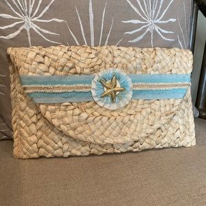 Hand made, one of a kind, Straw Bag w/ blue band